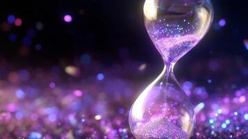 Intricate hourglass with sparkling sand surrounded by a dreamy purple atmosphere at twilight photo