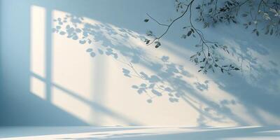 Shadows of leaves casting tranquil patterns on a light blue wall in a serene indoor setting during daylight hours photo