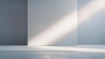 Bright sunbeam illuminating a minimalistic interior space with clean lines and soft shadows during daytime hours photo