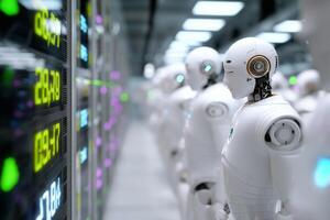 Robots lined up in a futuristic data center, showcasing advanced technology and automation in action photo