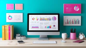 Workspace featuring colorful charts and graphs on computer screen against turquoise wall with organized office supplies photo