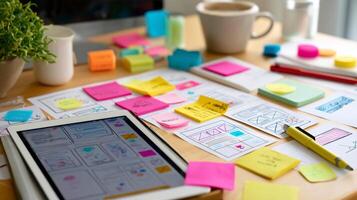 Desk workspace filled with sticky notes and design drafts during a creative brainstorming session in the afternoon photo