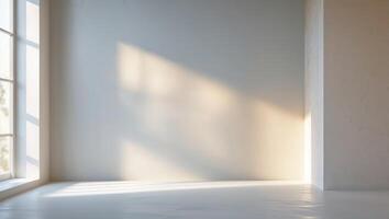 Bright sunlight streaming through a large window into a minimalist room with soft shadows on the walls and floor photo
