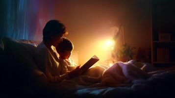 Cozy evening storytelling between a parent and child in a softly lit room photo