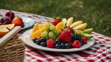 Fresh fruit platter enjoyed at a sunny picnic gathering in a vibrant green park setting photo