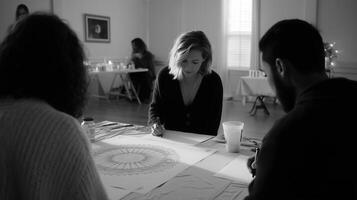 Art workshop participants engage in creative drawings during a serene indoor session in a well-lit studio photo