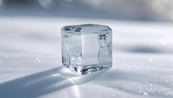 Clear ice cube resting on white snow under bright sunlight creates a contrasting and tranquil winter scene photo