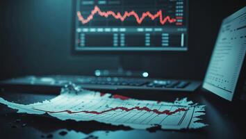 Investment analysis in a dimly lit workspace with financial charts and graphs on screen photo