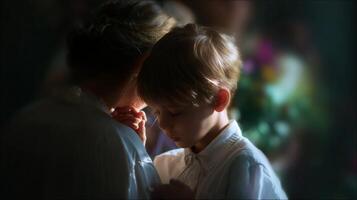 Child reflects in quiet moment with mother at a family event during the afternoon photo