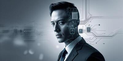 Innovative blend of technology and human emotion represented in a striking portrait of a man in a suit during a futuristic setting photo