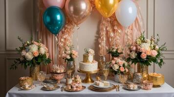 Elegant celebration setup featuring floral arrangements and dessert table with balloons for a special event photo