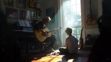Music lesson in a sunlit room with a child and an instructor playing guitar together photo