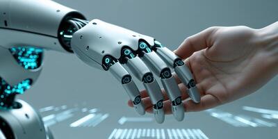 Robot hand reaches out for human touch in a futuristic tech environment photo