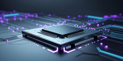 Microchip technology advances in digital circuitry with glowing neon patterns in modern electronics on a dark background photo