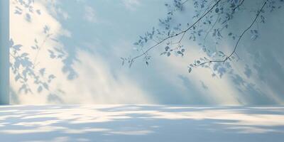 Soft shadows cast by leaves on a sunlit wall create a tranquil atmosphere in a serene outdoor space photo