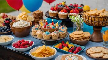 Festive dessert table at a summer party with an array of colorful treats and decorations displayed outdoors photo