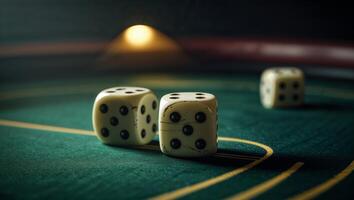Dice are rolling on a green gaming table in a lively casino during the evening hours photo
