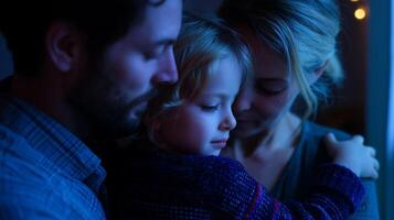 Family embracing each other in a warm moment indoors during evening hours photo