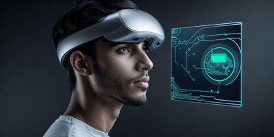Young man uses advanced virtual reality headset while interacting with digital interface in modern tech space photo