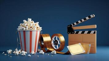Popcorn, film reel, and clapboard create a nostalgic movie night atmosphere in a blue setting photo