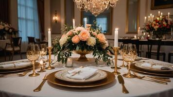 Elegant dining setup with floral centerpiece and candlelight at a formal event in an upscale venue photo
