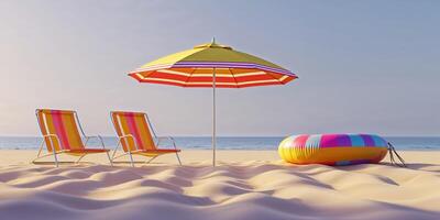 Chairs and a colorful float under a yellow umbrella on a tranquil beach during sunrise photo