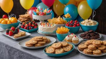 Festive dessert table filled with colorful treats and balloons for a joyful celebration and gathering of friends photo