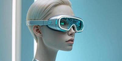 Futuristic robotic figure wearing advanced holographic goggles in a high-tech environment photo