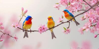 Colorful birds perched on a blooming cherry blossom branch during springtime in a serene garden setting photo
