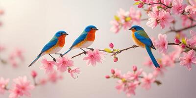 Three Colorful Birds Perched on a Flowering Cherry Blossom Tree Branch in Springtime photo