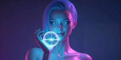Woman with glowing orb in vibrant light creating a mystical atmosphere in a futuristic setting photo