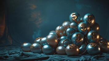 Decorative metallic blue balloons with dollar signs create a striking visual display on a textured surface in a dimly lit setting photo