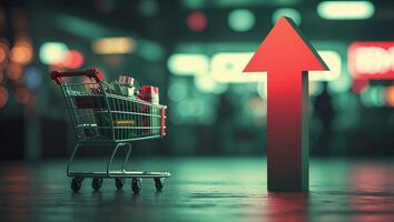 Shopping cart with various items next to a large upward arrow in a vibrant retail environment photo