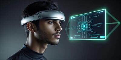 Young man using advanced virtual reality headset while interacting with futuristic holographic display in a tech environment photo
