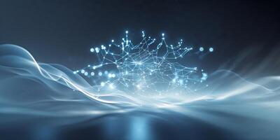Abstract digital network with glowing connections and waves in dark background photo