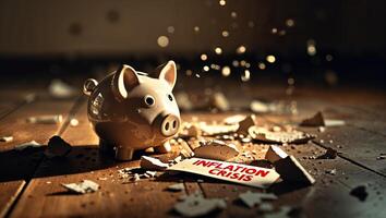 Broken piggy bank symbolizes financial challenges during inflation crisis in dimly lit room with scattered debris photo