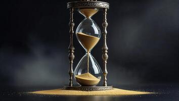 Elegant hourglass symbolizing the passage of time captured in a dimly lit setting with fine detailing on its frame photo
