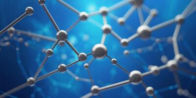 Complex molecular structure with interconnected atoms against a blue background in a scientific setting photo