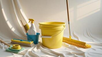 Cleaning tools arranged on a soft surface with natural light illuminating the scene in a cozy indoor setting photo