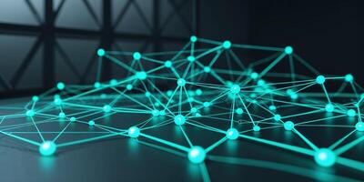 Exploring the connectivity of glowing network nodes in a futuristic tech environment at night photo