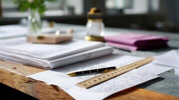 Creative workspace showing blueprints, stationery, and a plan for an architectural design project in a bright environment photo