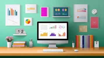Workspace featuring a computer with data visualizations, charts, and organized books on a desk against a colorful wall photo