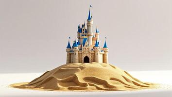 Miniature sand castle with blue towers and flags stands prominently on a sandy mound during bright daylight photo