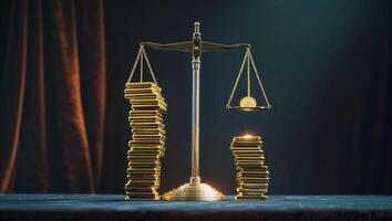 Balancing wealth, justice, and prosperity with scales and coins in a dimly lit setting photo