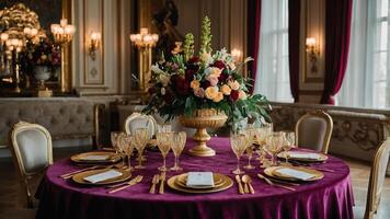 Elegant dining setup with floral centerpiece in a lavish room during a formal event photo