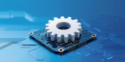 Modern technology design featuring a gear on a circuit board background demonstrating innovation and engineering principles photo