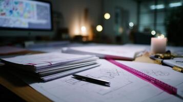 Design project workspace featuring sketches, tools, and ambient lighting in a modern office environment photo