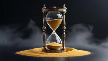 Beautifully crafted hourglass with golden sand in a misty atmosphere creating a sense of time passing and contemplation photo