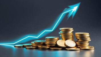 Coins stacked with an upward trend arrow symbolizing financial growth and investment success in a modern setting photo