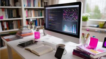 Creative workspace with computer, books, and vibrant data visualization at a home office photo